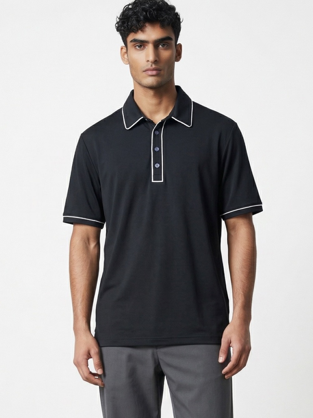 Adidas Small PureMotion mens golf shirt Black/White Contrast Piping Logo on Back
